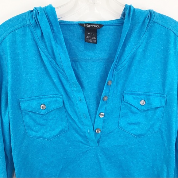 MARMOT Henley Top Shirt w/Pockets & Hood Blue Size XS - Picture 2 of 9